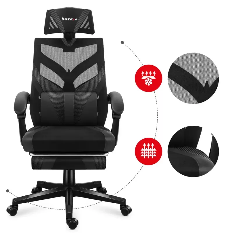 Cadeira de gaming Huzaro Combat 5.0 assento em malha preta — assento em malha, encosto respirável, inclinação 90–140°, carga máx. 140 kg, braços, apoio para os pés