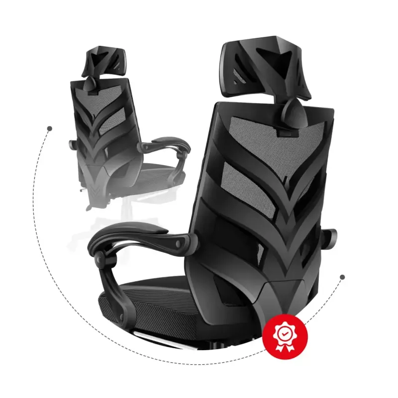 Cadeira de gaming Huzaro Combat 5.0 assento em malha preta — assento em malha, encosto respirável, inclinação 90–140°, carga máx. 140 kg, braços, apoio para os pés