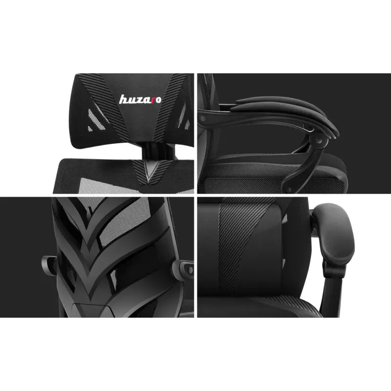 Cadeira de gaming Huzaro Combat 5.0 assento em malha preta — assento em malha, encosto respirável, inclinação 90–140°, carga máx. 140 kg, braços, apoio para os pés