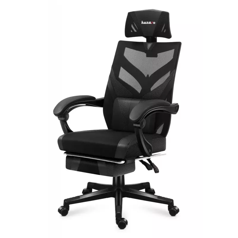 Cadeira de gaming Huzaro Combat 5.0 assento em malha preta — assento em malha, encosto respirável, inclinação 90–140°, carga máx. 140 kg, braços, apoio para os pés