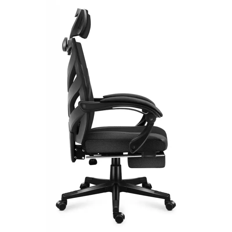 Cadeira de gaming Huzaro Combat 5.0 assento em malha preta — assento em malha, encosto respirável, inclinação 90–140°, carga máx. 140 kg, braços, apoio para os pés