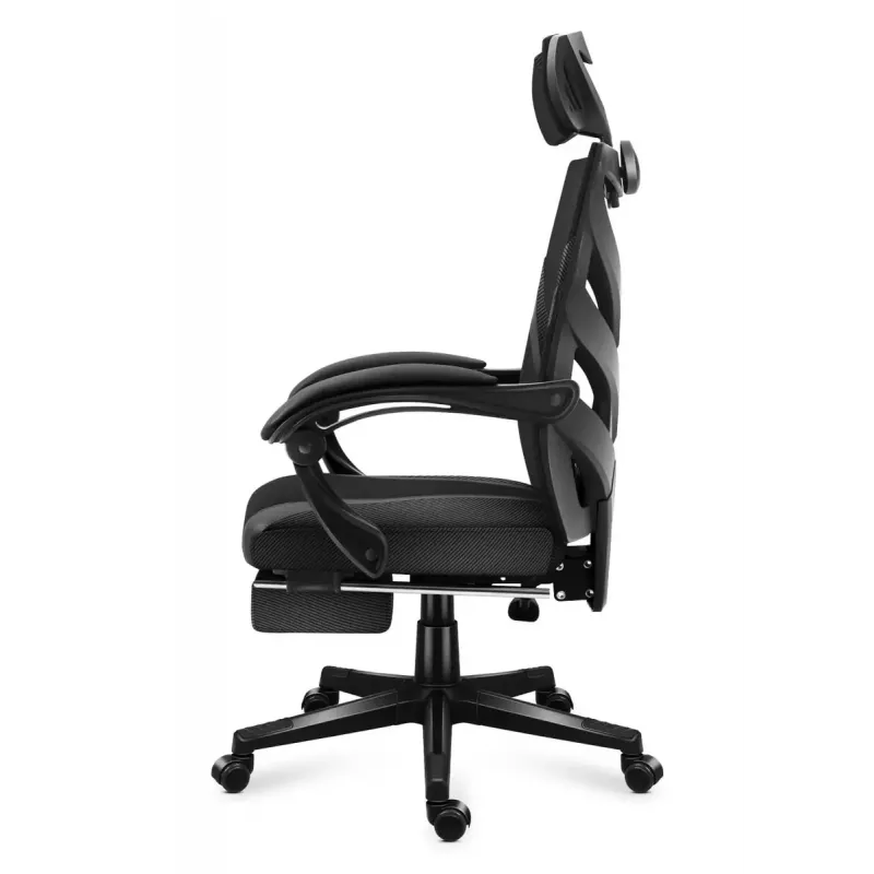 Cadeira de gaming Huzaro Combat 5.0 assento em malha preta — assento em malha, encosto respirável, inclinação 90–140°, carga máx. 140 kg, braços, apoio para os pés