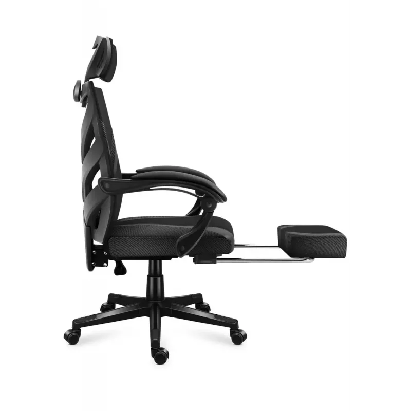 Cadeira de gaming Huzaro Combat 5.0 assento em malha preta — assento em malha, encosto respirável, inclinação 90–140°, carga máx. 140 kg, braços, apoio para os pés