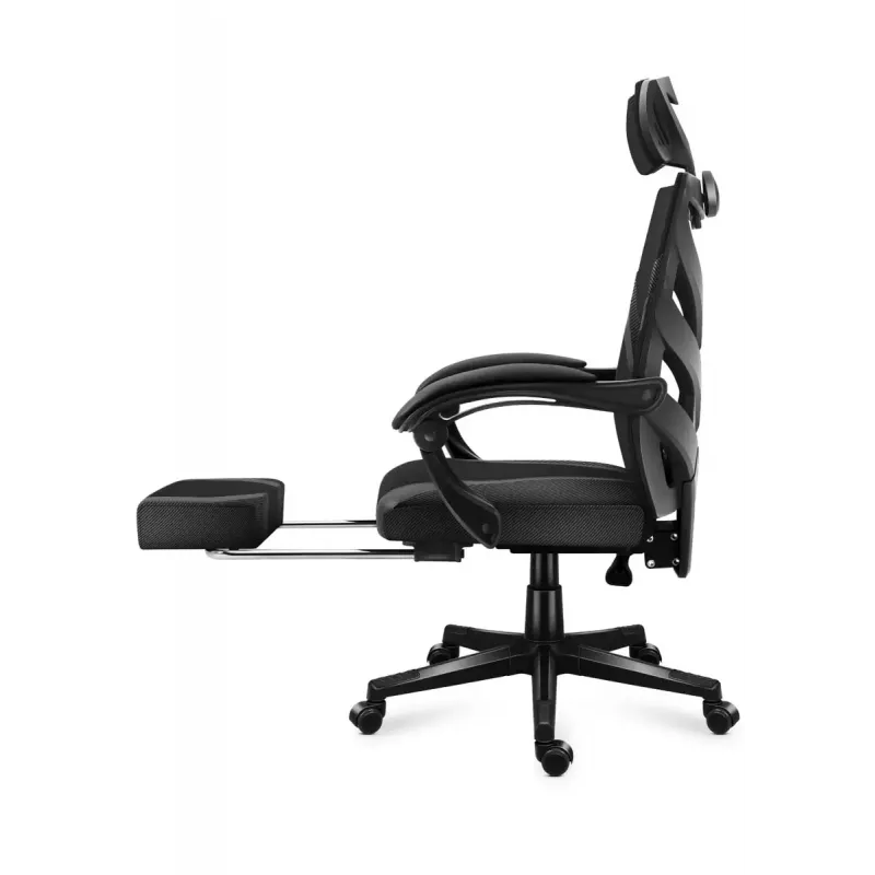 Cadeira de gaming Huzaro Combat 5.0 assento em malha preta — assento em malha, encosto respirável, inclinação 90–140°, carga máx. 140 kg, braços, apoio para os pés