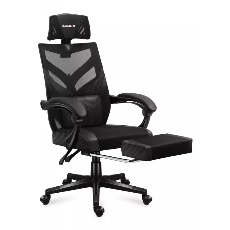 Cadeira de gaming Huzaro Combat 5.0 assento em malha preta — assento em malha, encosto respirável, inclinação 90–140°, carga máx. 140 kg, braços, apoio para os pés