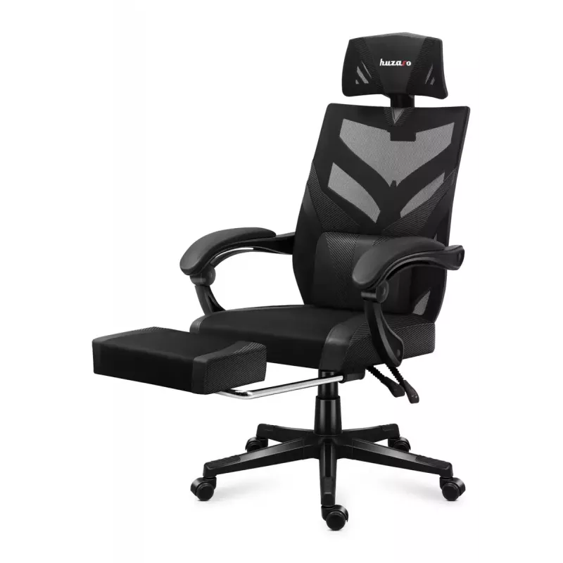 Cadeira de gaming Huzaro Combat 5.0 assento em malha preta — assento em malha, encosto respirável, inclinação 90–140°, carga máx. 140 kg, braços, apoio para os pés