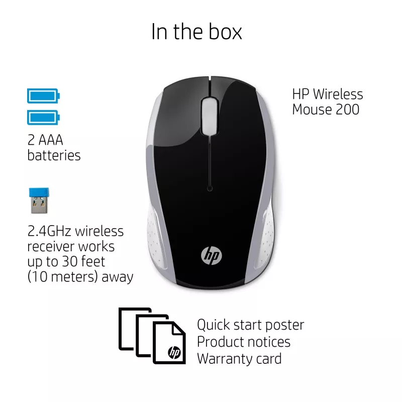 Rato sem fios HP 200 (Pike Silver), ambidestro, ótico, RF Wireless, 1000 DPI, prateado