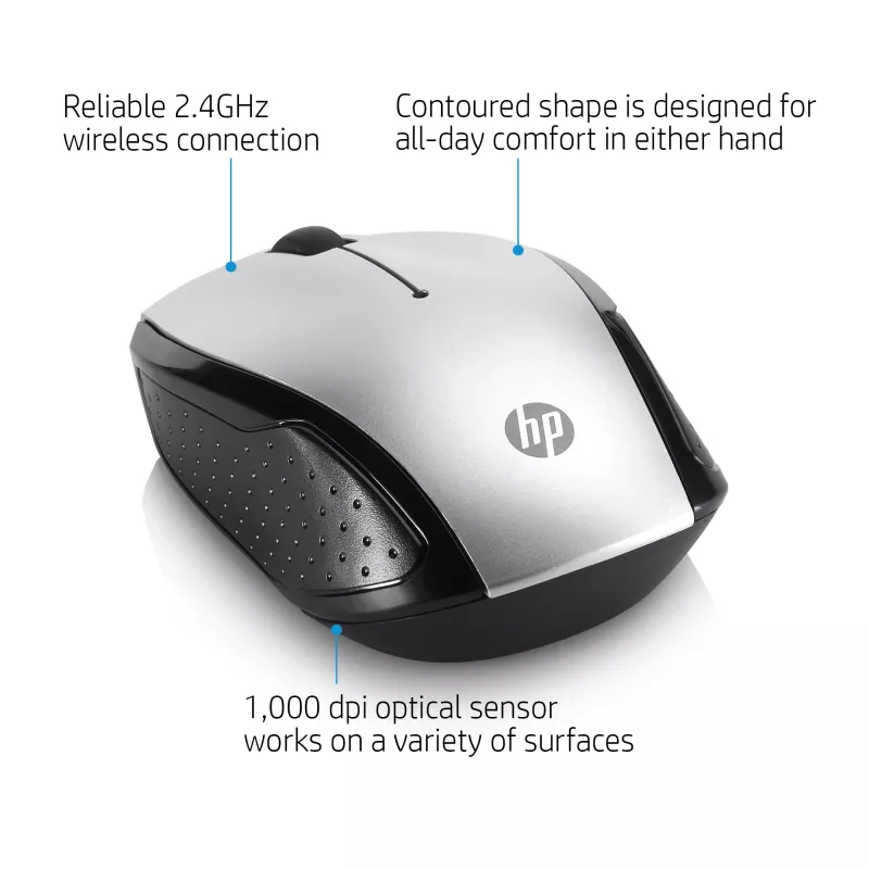 Rato sem fios HP 200 (Pike Silver), ambidestro, ótico, RF Wireless, 1000 DPI, prateado