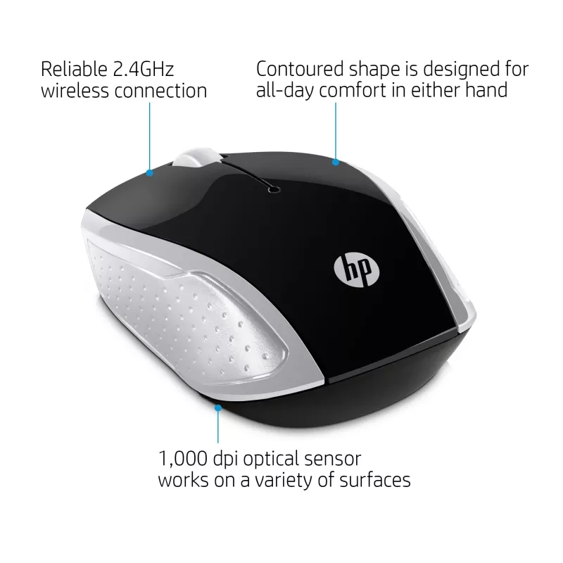 Rato sem fios HP 200 (Pike Silver), ambidestro, ótico, RF Wireless, 1000 DPI, prateado