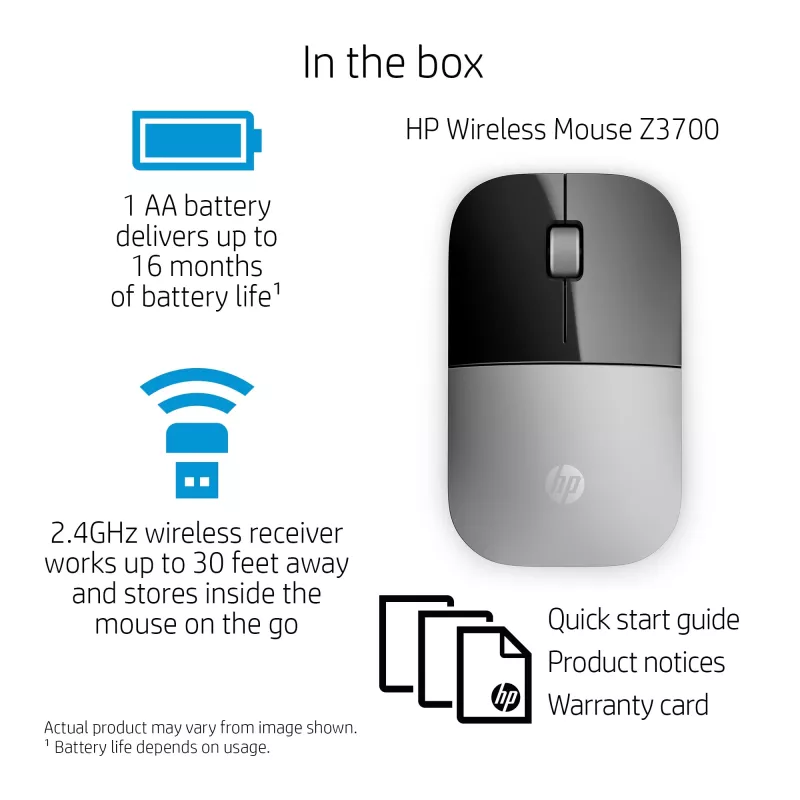 Rato sem fios HP Z3700 prateado, ambidestro, ótico, RF Wireless, 1200 DPI, prateado