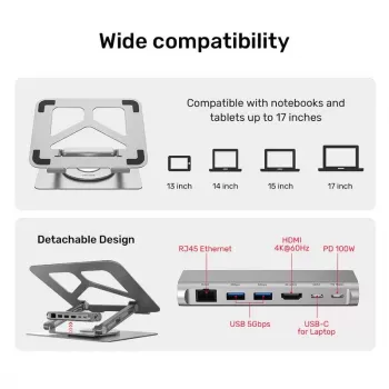 Suporte para portátil Unitek D1109A – suporte ajustável em alumínio com hub USB-C, HDMI, Gigabit Ethernet (adequado para 14–17 polegadas)