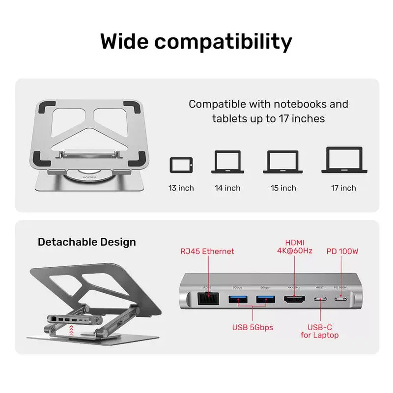 Unitek D1109A suporte para portátil dobrável e rotativo com hub USB-C, HDMI 4K, PD 100 W, até 17 polegadas (43,2 cm)