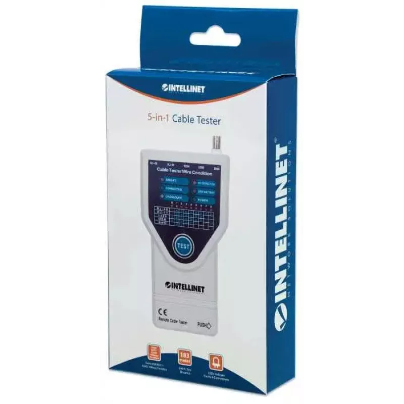 Testador de cabos 5-em-1 Intellinet, testa 5 cabos de rede RJ45 e de computador comuns