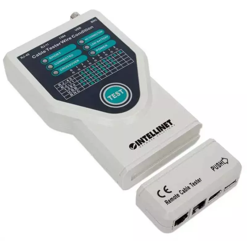 Testador de cabos 5-em-1 Intellinet, testa 5 cabos de rede RJ45 e de computador comuns