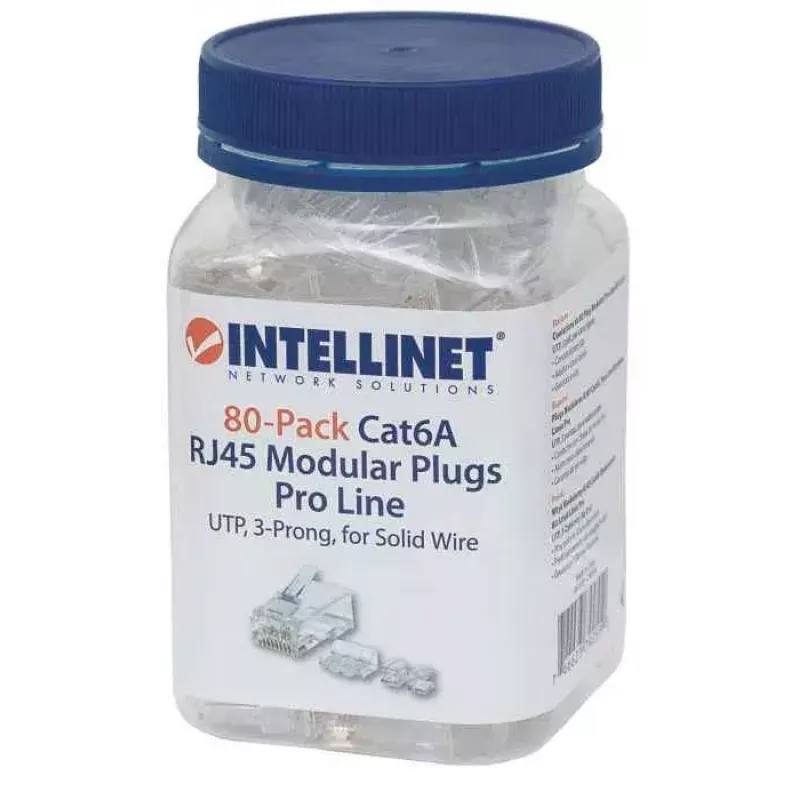 Ficha modular RJ45 Intellinet Pro Line, Cat6A, UTP, 3 pontas, para fio maciço, contactos banhados a ouro 50 µ, pack de 80
