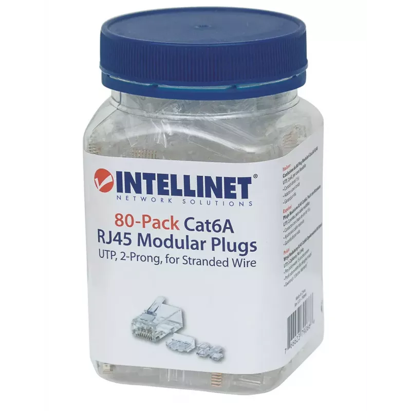 Ficha modular RJ45 Intellinet, Cat6A, UTP, 2 pontas, para cabo flexível, contactos banhados a ouro 15 µ, pack de 80