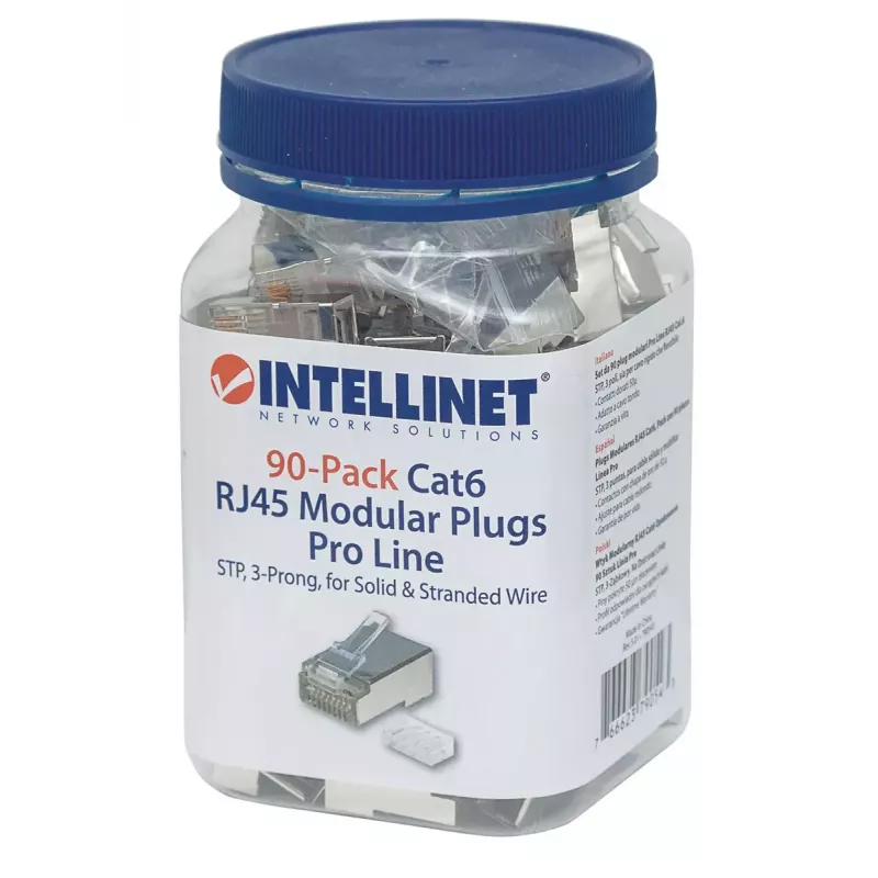 Ficha modular RJ45 Intellinet Pro Line, Cat6, STP, 3 pontas, para condutor maciço e flexível, contactos banhados a ouro 50 µ, 90 unid.