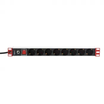 Techly 106893 PDU de rack de 19 polegadas 1U, régua de tomadas 8x Schuko, 250 V/16 A, 3500 W, cabo de 3 m, alumínio, preta
