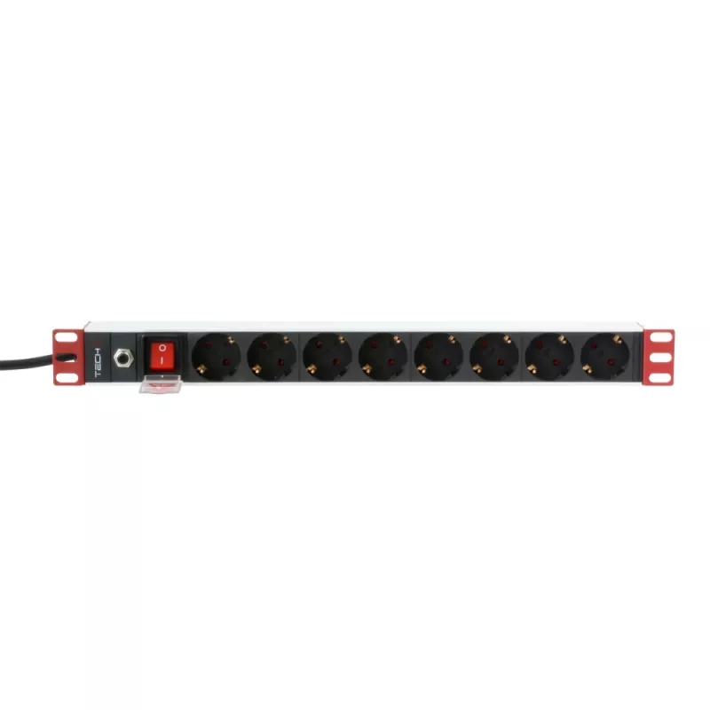 Techly 106893 PDU de rack de 19 polegadas 1U, régua de tomadas 8x Schuko, 250 V/16 A, 3500 W, cabo de 3 m, alumínio, preta