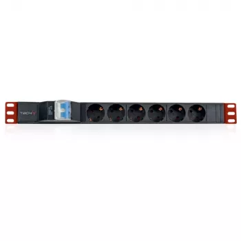 Techly 100471 PDU de rack de 19 polegadas 1U, régua de tomadas 6x Schuko, 250 V/16 A, cabo de 3 m, interruptor duplo, preta