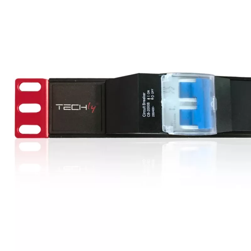 Techly 100471 PDU de rack de 19 polegadas 1U, régua de tomadas 6x Schuko, 250 V/16 A, cabo de 3 m, interruptor duplo, preta