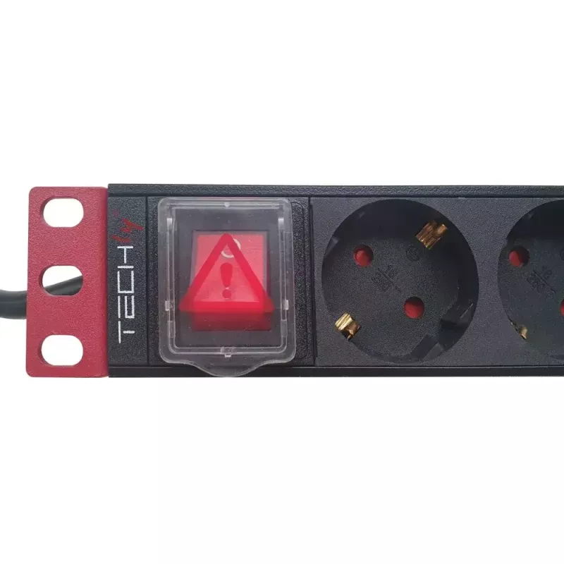 Régua de tomadas Techly 9 tomadas rack 19 polegadas ficha Schuko interruptor 1HE preto vermelho