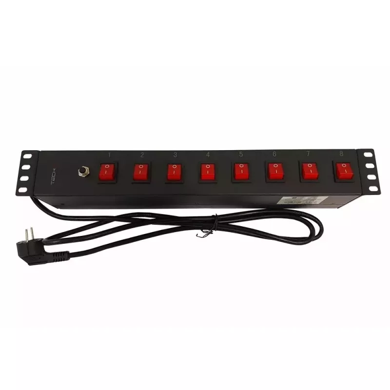 Régua de tomadas Techly 8 tomadas rack 19 polegadas com 8 interruptores ON/OFF 1,5HE