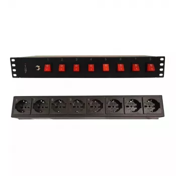 Régua de tomadas Techly 8 tomadas rack 19 polegadas com 8 interruptores ON/OFF 1,5HE