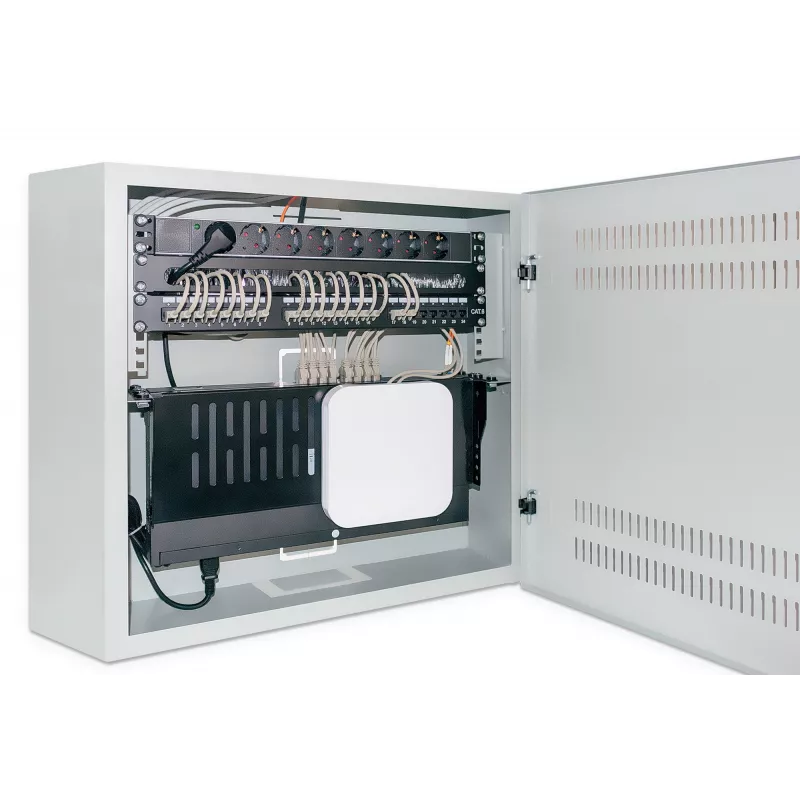 Intellinet 713641 armário de parede de perfil baixo de 19 polegadas, calhas 4U horizontais + 2U verticais, 170 mm (6,7 polegadas) de profundidade, 540x550 mm, porta com fechadura, 60 kg, IP20, cinzento RAL 7035