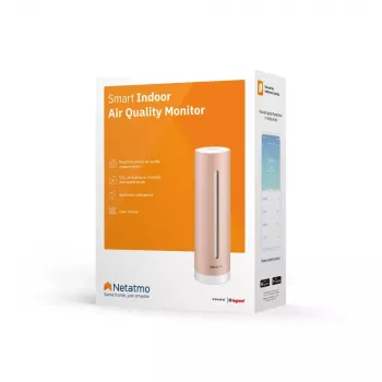 Monitor de qualidade do ar interior Netatmo Smart Indoor Air Quality Monitor — CO2 0–5000 ppm, temperatura 0–50 °C, ruído, WLAN/Bluetooth, alimentação por rede, alumínio, ouro rosa