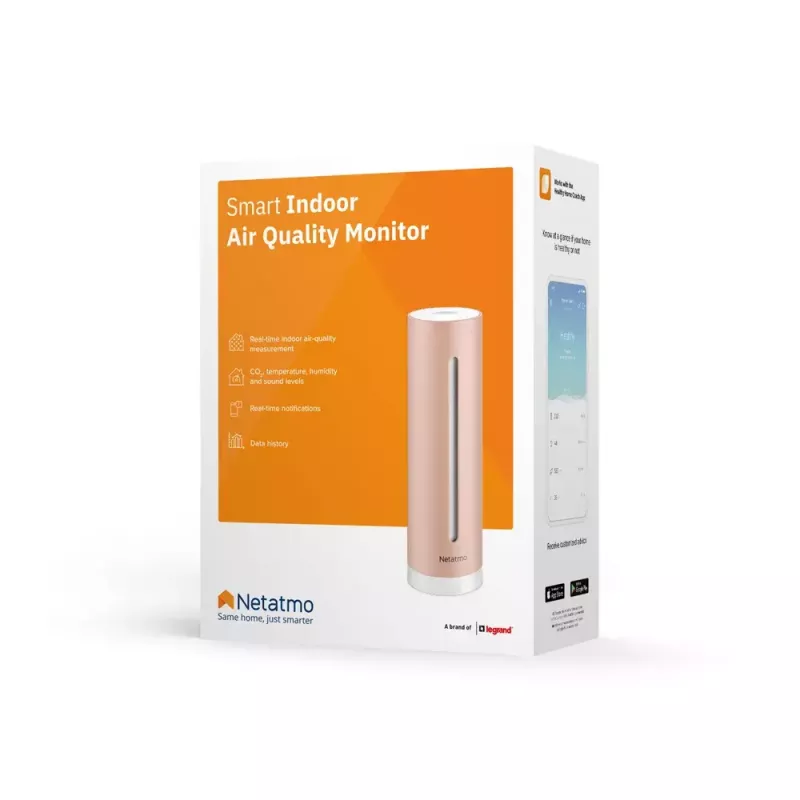 Netatmo NHC-EC Healthy Home Coach monitor inteligente de qualidade do ar interior, CO2 0–5000 ppm, humidade, temperatura, ruído 35–120 dB, Wi-Fi, Apple HomeKit, alimentação por rede elétrica
