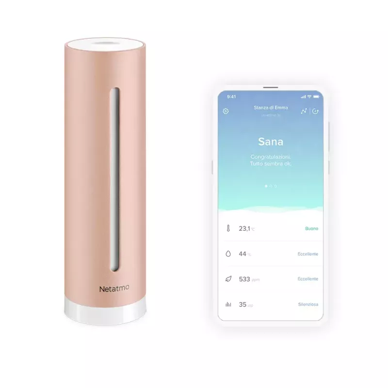 Netatmo NHC-EC Healthy Home Coach monitor inteligente de qualidade do ar interior, CO2 0–5000 ppm, humidade, temperatura, ruído 35–120 dB, Wi-Fi, Apple HomeKit, alimentação por rede elétrica