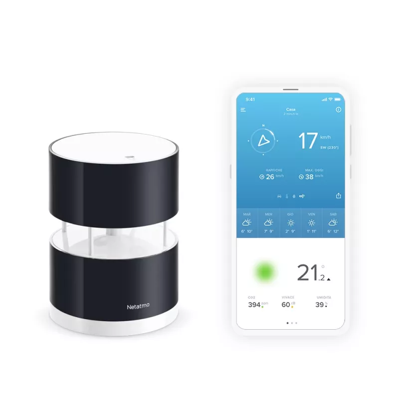 Netatmo NWA01-WW anemómetro inteligente para estação meteorológica, velocidade e direção do vento, sem fios, Wi-Fi, 0–45 m/s, alcance de 100 m, 4x AA, preto, transparente