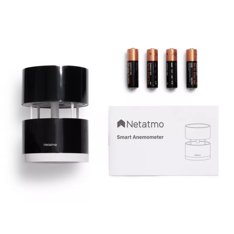 Netatmo NWA01-WW anemómetro inteligente para estação meteorológica, velocidade e direção do vento, sem fios, Wi-Fi, 0–45 m/s, alcance de 100 m, 4x AA, preto, transparente