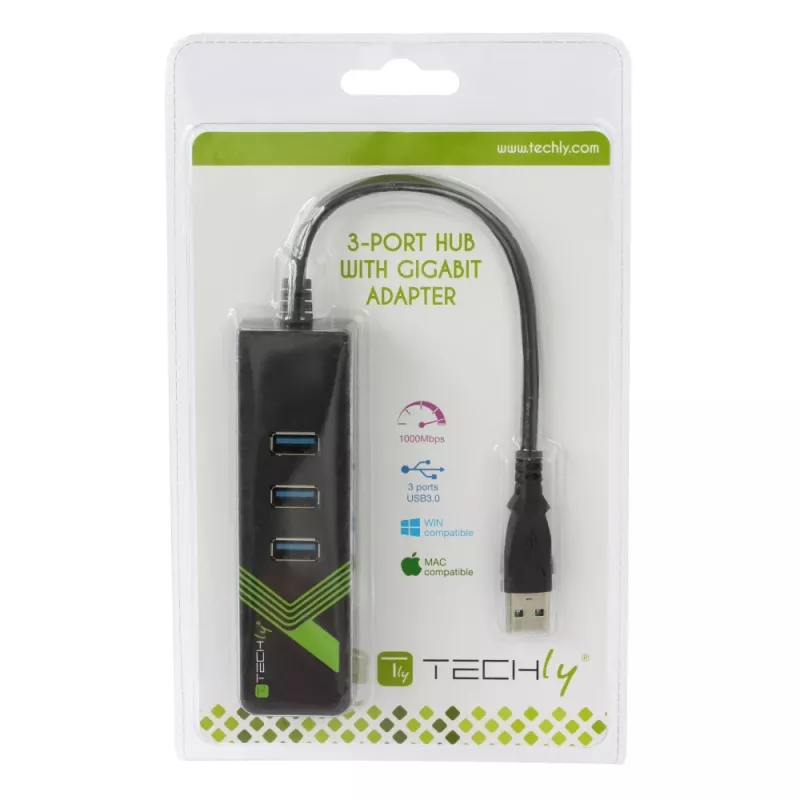 Techly IDATA-USB-ETGIGA-3U2 (105803) adaptador de USB 3.0 para Gigabit Ethernet com hub USB 3.0 de 3 portas, USB-A, RJ45, alumínio