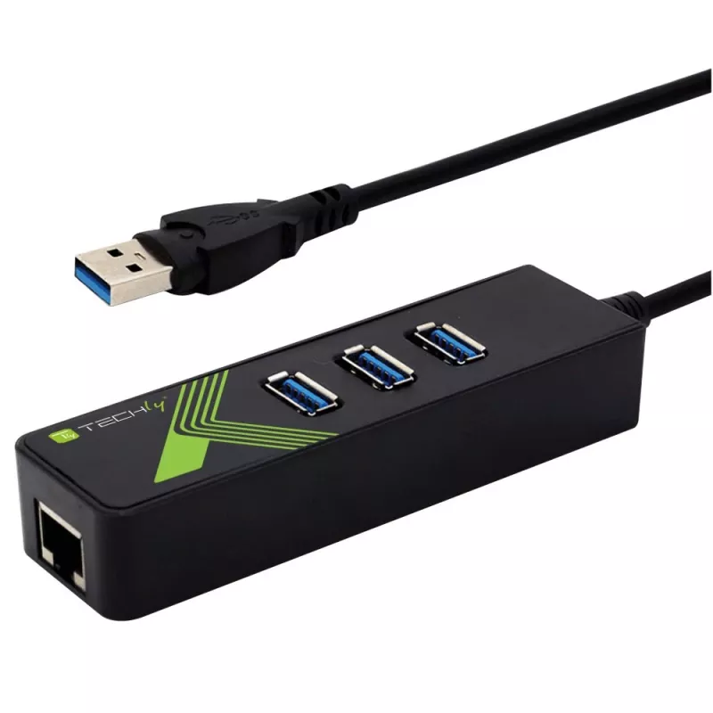 Techly IDATA-USB-ETGIGA-3U2 (105803) adaptador de USB 3.0 para Gigabit Ethernet com hub USB 3.0 de 3 portas, USB-A, RJ45, alumínio