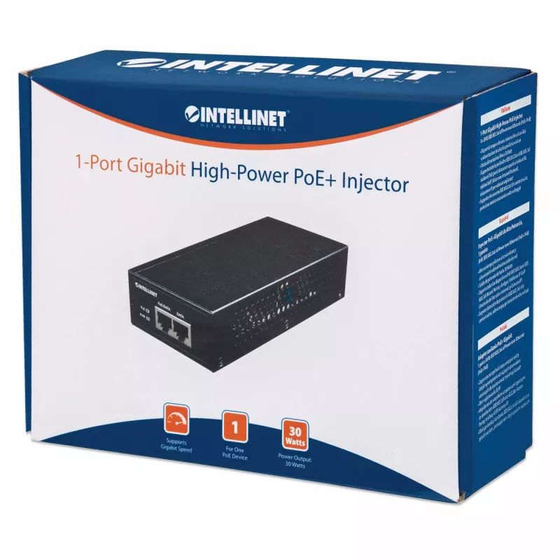 Injetor PoE+ Gigabit High-Power Intellinet, 1 x 30 W, IEEE 802.3at/af Power over Ethernet (PoE+/PoE)