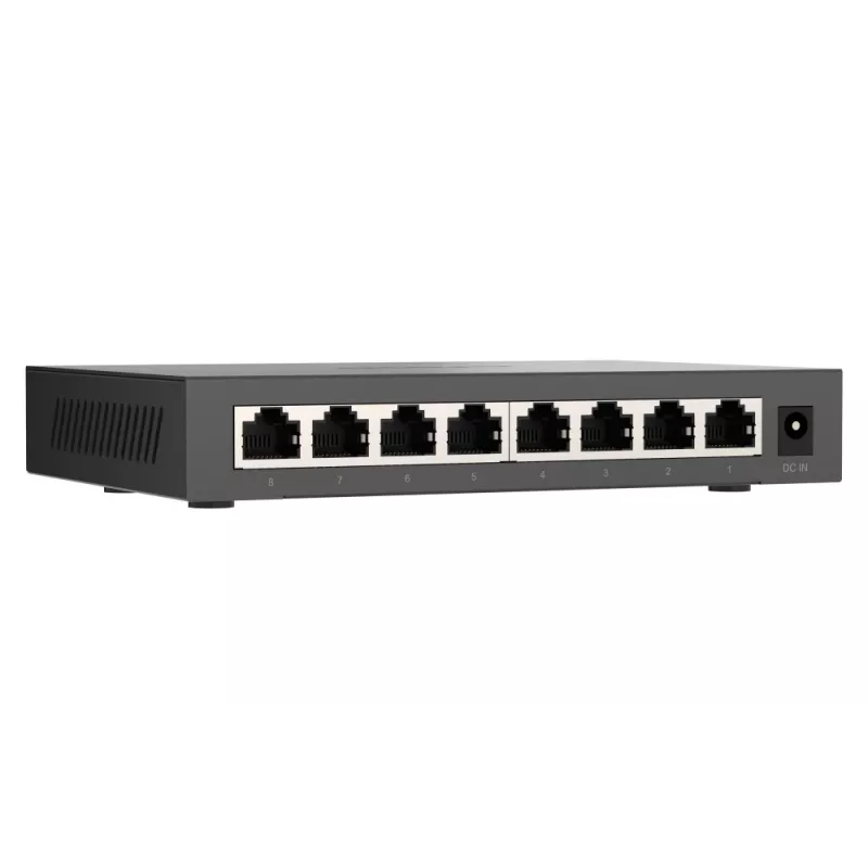 QNAP QSW-1108-8T-R2 comutador de rede não gerido, 8x 2,5GbE RJ45 (10/100/1000/2500 Mbps), de secretária, sem ventoinha, preto e cinzento