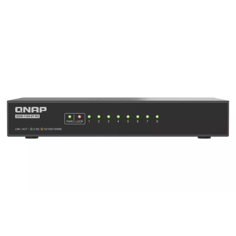QNAP QSW-1108-8T-R2 comutador de rede não gerido, 8x 2,5GbE RJ45 (10/100/1000/2500 Mbps), de secretária, sem ventoinha, preto e cinzento