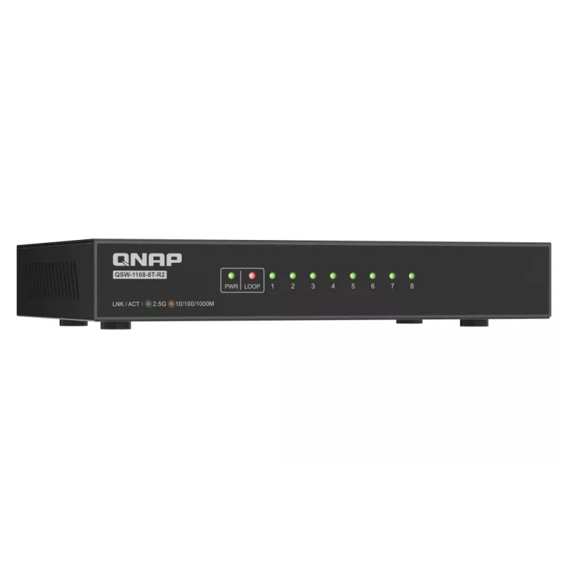 QNAP QSW-1108-8T-R2 comutador de rede não gerido, 8x 2,5GbE RJ45 (10/100/1000/2500 Mbps), de secretária, sem ventoinha, preto e cinzento