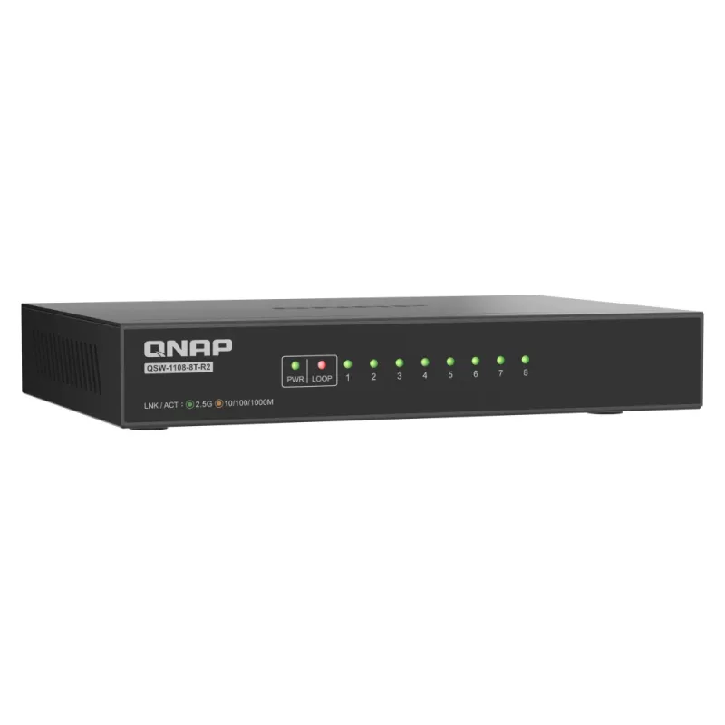 QNAP QSW-1108-8T-R2 comutador de rede não gerido, 8x 2,5GbE RJ45 (10/100/1000/2500 Mbps), de secretária, sem ventoinha, preto e cinzento