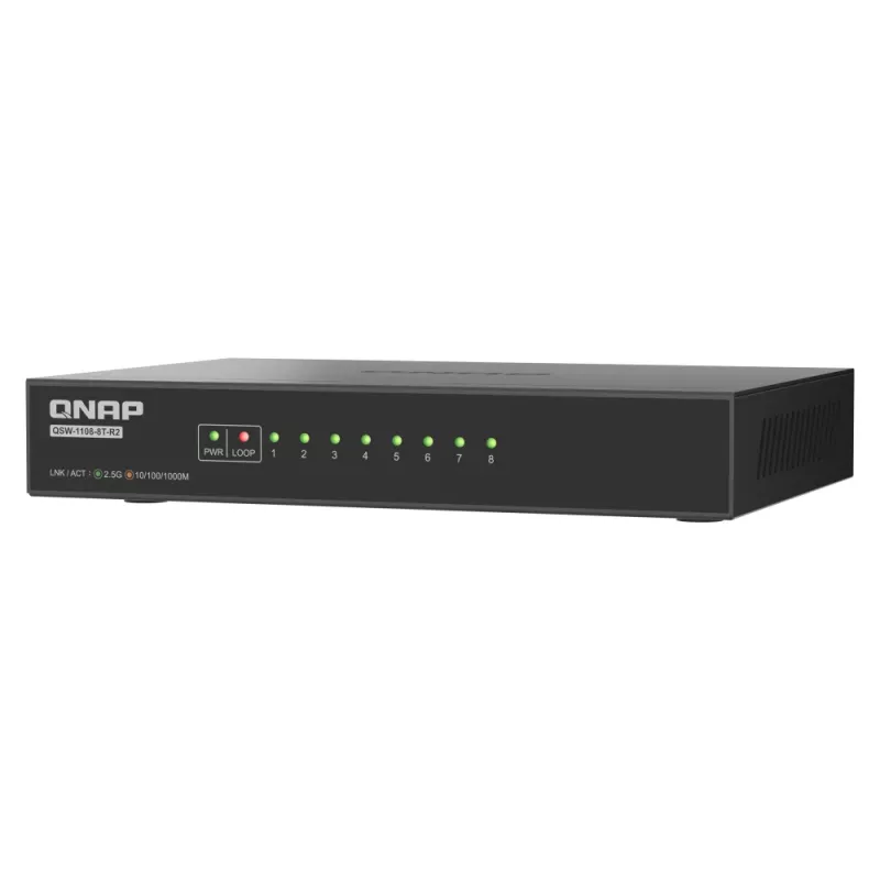 QNAP QSW-1108-8T-R2 comutador de rede não gerido, 8x 2,5GbE RJ45 (10/100/1000/2500 Mbps), de secretária, sem ventoinha, preto e cinzento