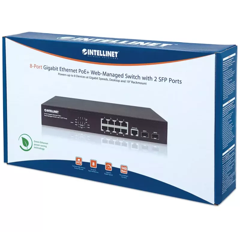 Switch gerido Intellinet 8 portas Gigabit Ethernet PoE+ com 2 portas SFP