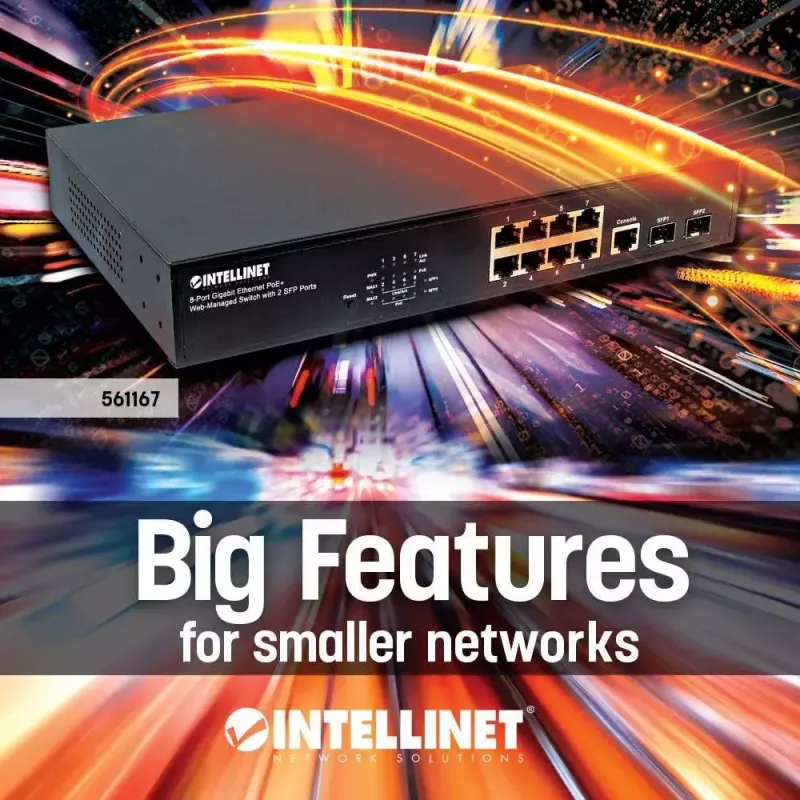 Switch gerido Intellinet 8 portas Gigabit Ethernet PoE+ com 2 portas SFP