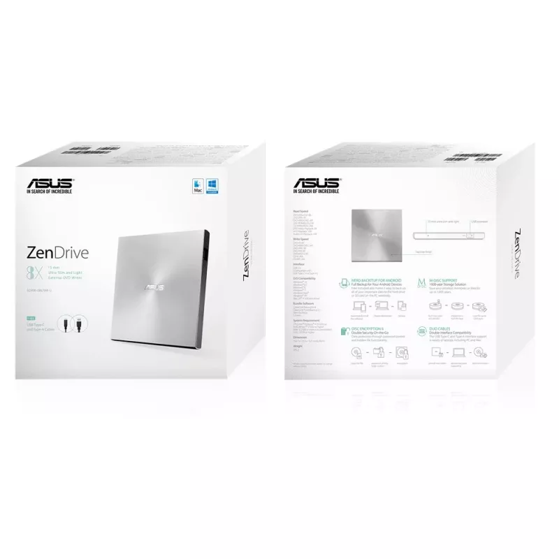 Unidade ótica ASUS ZenDrive U9M DVD±RW prateada