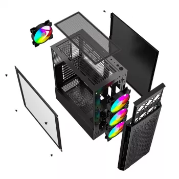 Caixa de PC GEMBIRD Fornax 400X Midi Tower preta — ATX, vidro temperado, ventoinha RGB, 4x baías de 2,5 polegadas, 2x USB 3.0