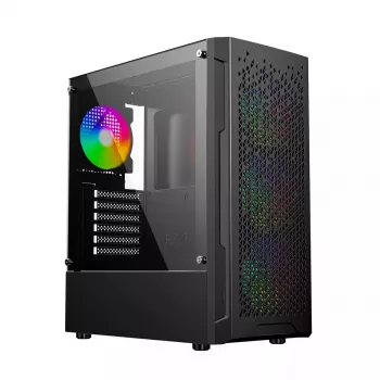 Caixa de PC GEMBIRD Fornax 400X Midi Tower preta — ATX, vidro temperado, ventoinha RGB, 4x baías de 2,5 polegadas, 2x USB 3.0