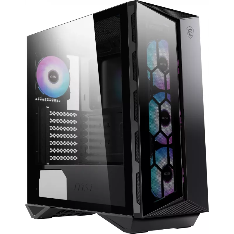 Caixa de computador gaming MSI MPG GUNGNIR 110R Mid Tower preta, USB 3.2 Gen2 Type C, 4x ventoinha ARGB 120mm, Mystic Light Sync, placa de controlo ARGB 1 para 6, 2x painéis de vidro temperado, ATX, mATX, mini-ITX