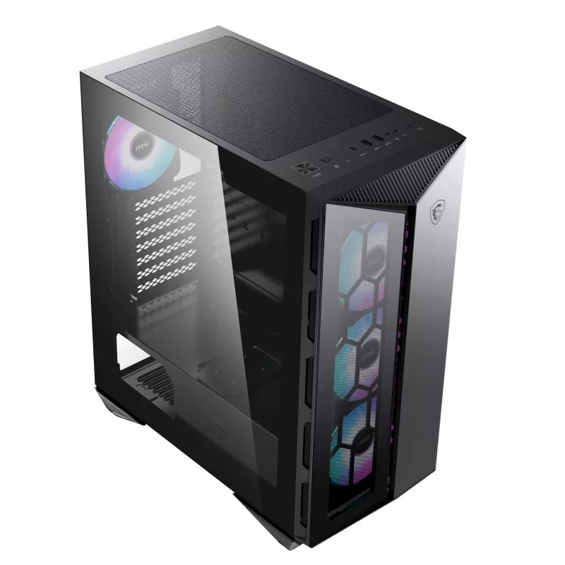 Caixa de computador gaming MSI MPG GUNGNIR 110R Mid Tower preta, USB 3.2 Gen2 Type C, 4x ventoinha ARGB 120mm, Mystic Light Sync, placa de controlo ARGB 1 para 6, 2x painéis de vidro temperado, ATX, mATX, mini-ITX