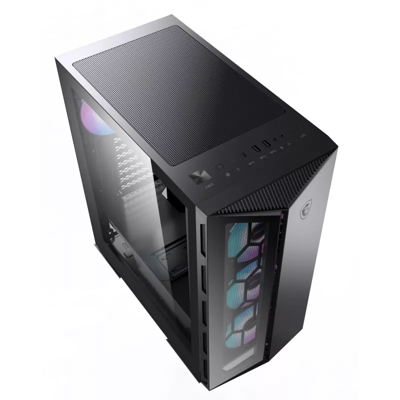 Caixa de computador gaming MSI MPG GUNGNIR 110R Mid Tower preta, USB 3.2 Gen2 Type C, 4x ventoinha ARGB 120mm, Mystic Light Sync, placa de controlo ARGB 1 para 6, 2x painéis de vidro temperado, ATX, mATX, mini-ITX